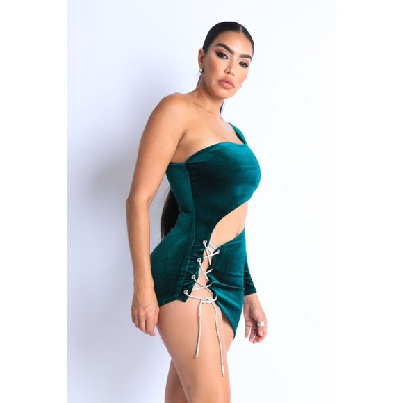 Women's Rhinestone Drawstring One Shoulder Dress Sexy Mini Party Club Dress - Picture 3 of 9